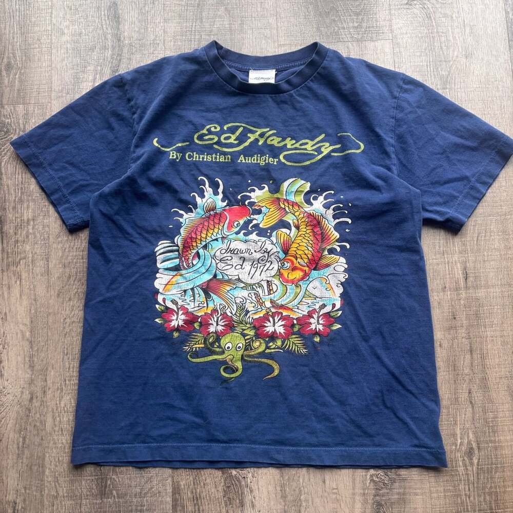 Ed Hardy Koi Fish Graphic T-Shirt Size L Navy Blue
